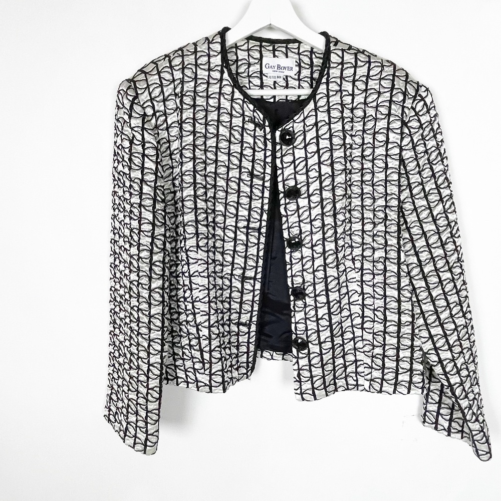 Gay Boyer New York Womens Jacket 10P 10 Petite Black White Vintage 80's made USA